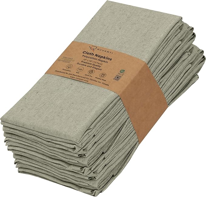 Ruvanti Cloth Napkins Set of 12, 18x18 Reusable Napkins Cloth Washable, Soft & Durable Table Napkin, Poly Cotton Fabric Dinner Napkins for Parties, Christmas, Thanksgiving, Weddings - Olive Branch