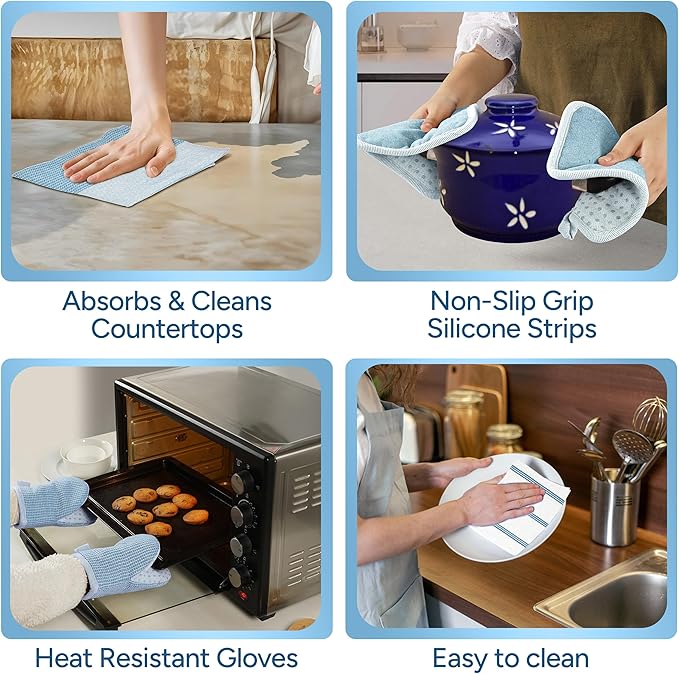 Casa Platino Silicone Oven Mitts Set, 8-Piece – 500°F Heat Resistant Mini Oven Mitt, Potholders for Kitchens, 2 Kitchen Towels & 2 Dish Cloths – Durable, Non-Slip & Machine Washable – Cornflower