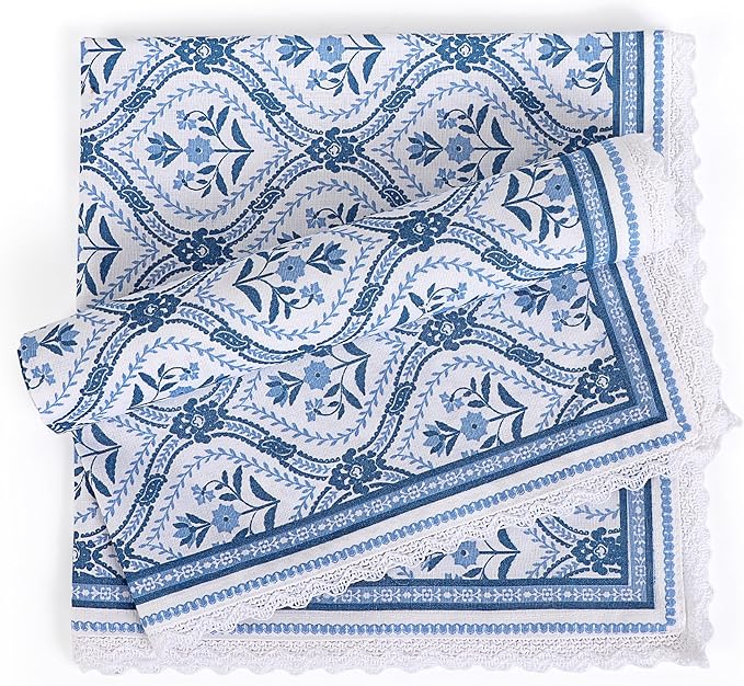 Fingercraft Dinner Cloth Napkin Cotton Linen Blend 12 Pack Mitered Corners with Elegant Lace for Everyday Use Napkins are Pre Shrunk and Good Absorbency (Damask, 20in x 20in (Set of 12))