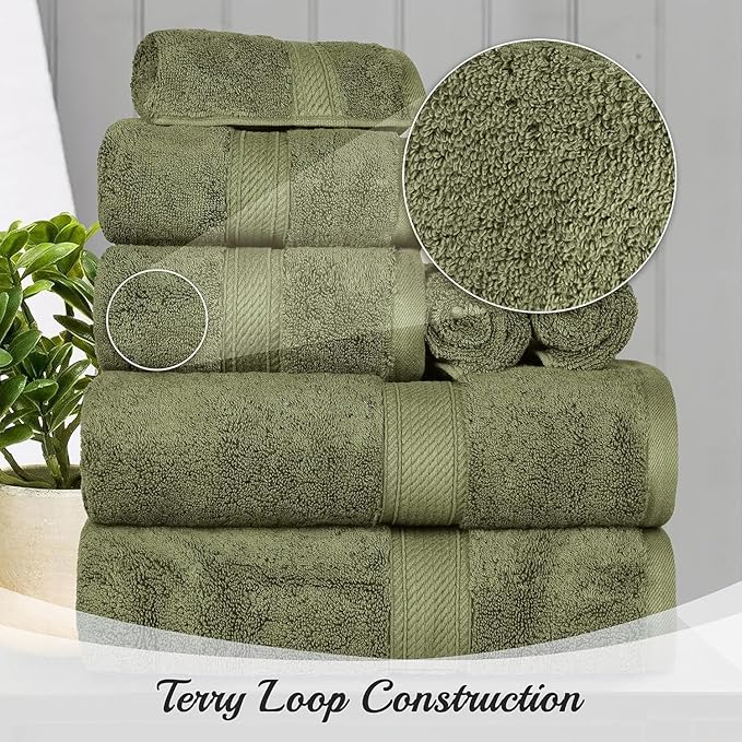 Superior Egyptian Cotton Pile Face Towel/Washcloth Set of 6, Ultra Soft Luxury Towels, Thick Plush Essentials, Absorbent Heavyweight, Guest Bath, Hotel, Spa, Home Bathroom, Shower Basics, Forest Green