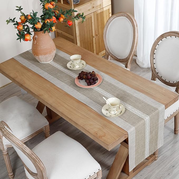 Farmhouse Braided Striped Table Runner Rustic Embroidery Coffee Table Runners for Decorations Weddings Holiday Brown 13x108inch