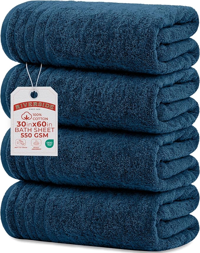 RIVERSIDE Pack of 4 Premium Extra Large Bath Towels 30 x 60 Inches, 100% Cotton, Super Soft & Highly Absorbent, Larger & Lighter Weight, Quicker to Dry, Perfect for Bathroom, Navy Blue