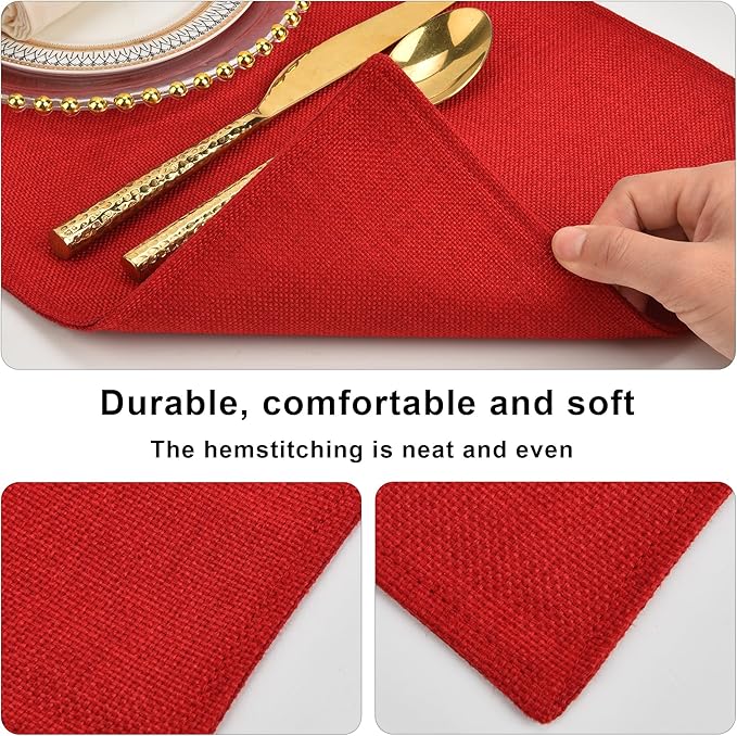 SLKQG Christmas Red Linen Fabric Placemats Set of 6, Heat Resistant & Machine Washable Double-Layered Cloth Placemats for Holiday Parties, Non-Slip Kitchen Table Mats (6, Bright Red)