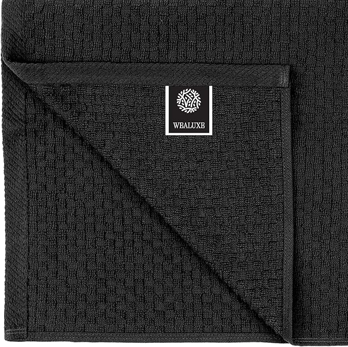 Wealuxe Super Absorbent Kitchen Towels 12 Pack - Premium 100% Cotton Kitchen Towels, 450GSM Thick Machine Washable Black Dish Towels for Kitchen Drying, Cleaning, Dobby Weave, Unmatched Quality