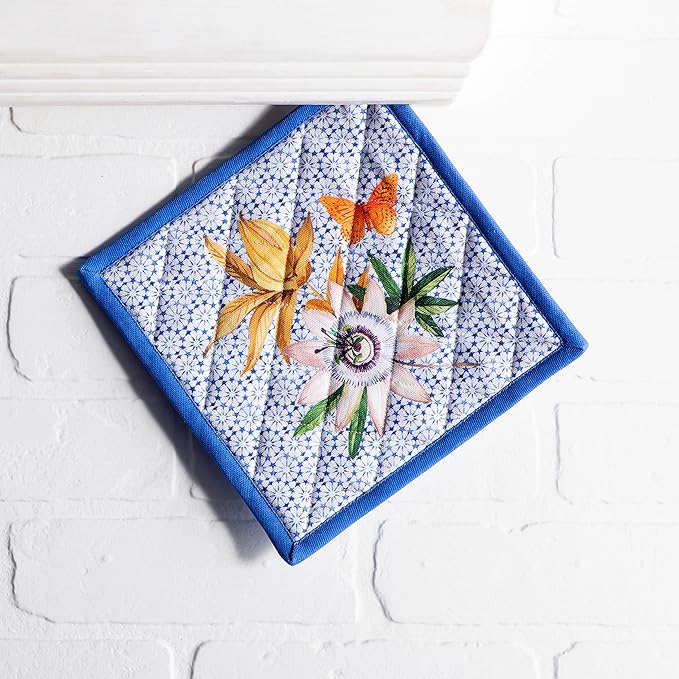 Maison d' Hermine Pot Holders 100% Cotton Heat Resistant Potholders 8" x 8" Hot Pads with Loop BBQ Cooking Baking Gifts for Mothers Day Handling Hot Pans Spring/Summer (Pack of 1, Passiflora)