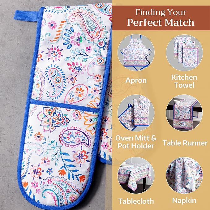Maison d' Hermine Double Oven Mitts 100% Cotton 7"x35" Double Oven Mitt Heat Resistant BBQ Cooking Gloves with Loop Baking Grilling Gifts for Mothers Day Spring Summer (Indian Floral)