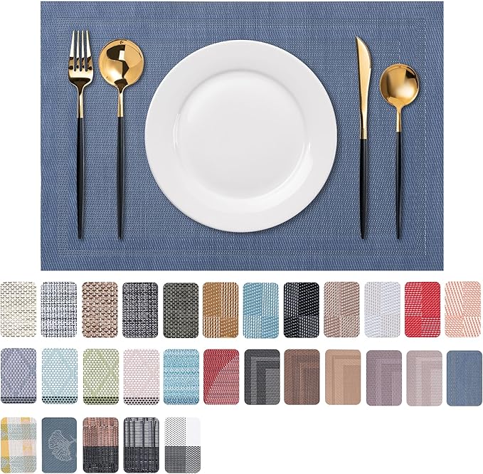 CADONO Placemats Set of 6 Washable Indoor/Outdoor Vinyl Place Mats for Dining Table Durable Non-Slip Heat Resistant PVC Weave Table Mats（Simple Style-Deep Blue）