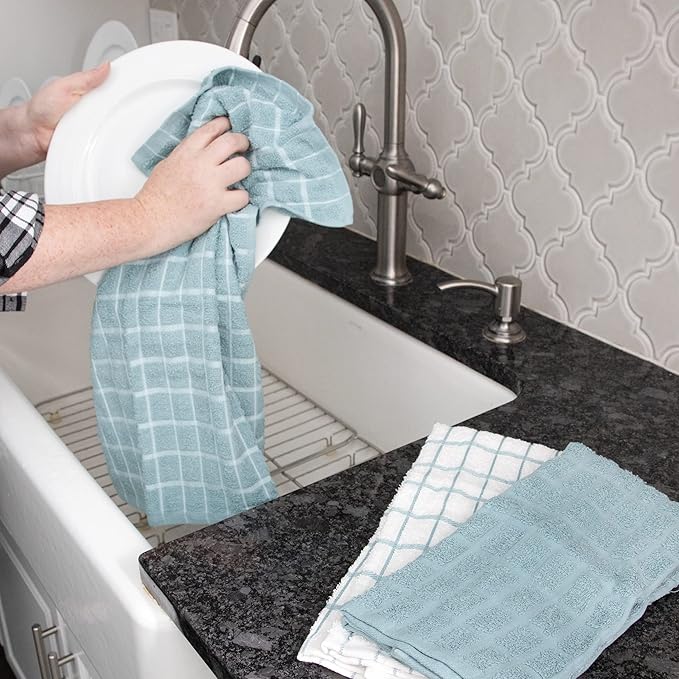 Ritz Premium 100% Cotton Terry Check Kitchen Dish Towels - Highly Absorbent, Super Soft, Long-Lasting, 25"x15", 3-Pack, Dew