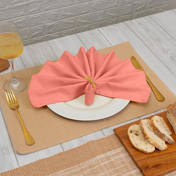 Blue Needles Solid Cloth Napkins Set of 12 Salmon 100% Cotton Dinner Napkins 18x18 inches - Spring Summer Easter - Soft, Reusable, Absorbent & Washable Linen, Ideal for Events Parties & Everyday Use