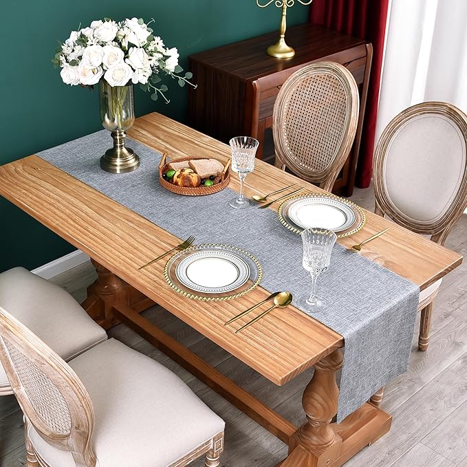NEWISHER Farmhouse Rustic Table Runner Solid Grey Rectangular Table Runners Faux Linen Table Runner for Everyday Use Kitchen Dining Party Table 13x90 Inch