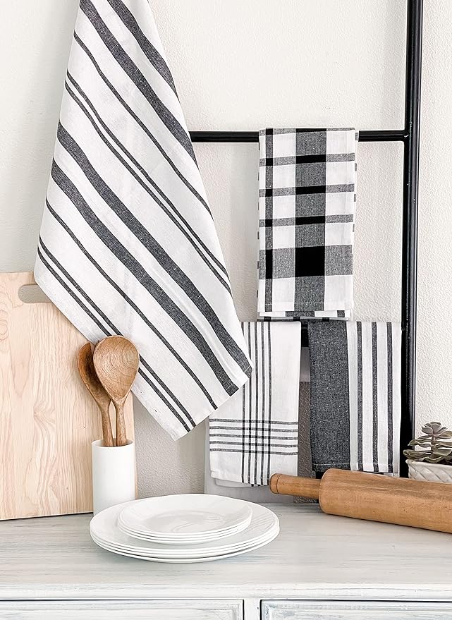 Chardin home Recycled Cotton Assorted Woven Kitchen Towels Set, Black-White | 18x28 Inch Kitchen/Dish Cloths Set of 4 |Super Absorbent Reusable Hand and countertop Towels, Ultra Soft Tea Towels
