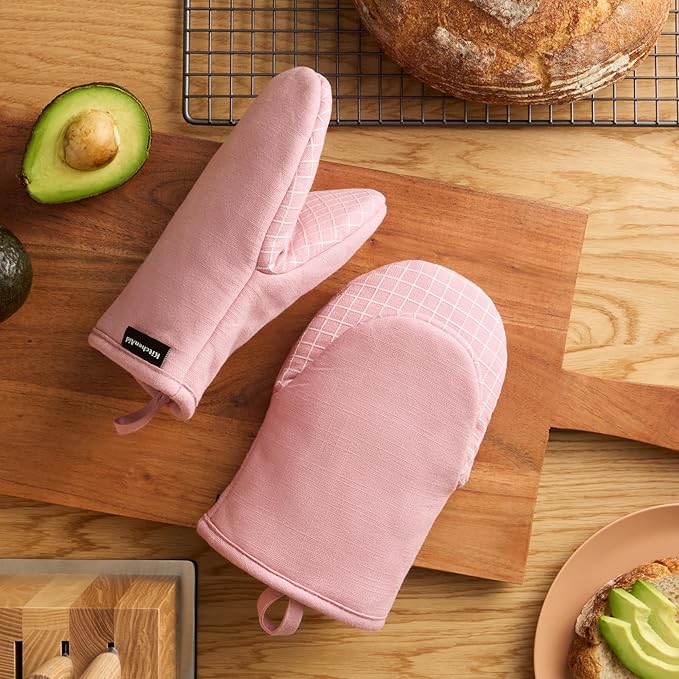 KITCHENAID Gourmet Series Gridlines Mini Oven Mitts 2-Pack Set, Heat Resistant up to 600°F, Soft Silicone Grip, Magnetic Cuff, Dried Rose, 5.5"x9"