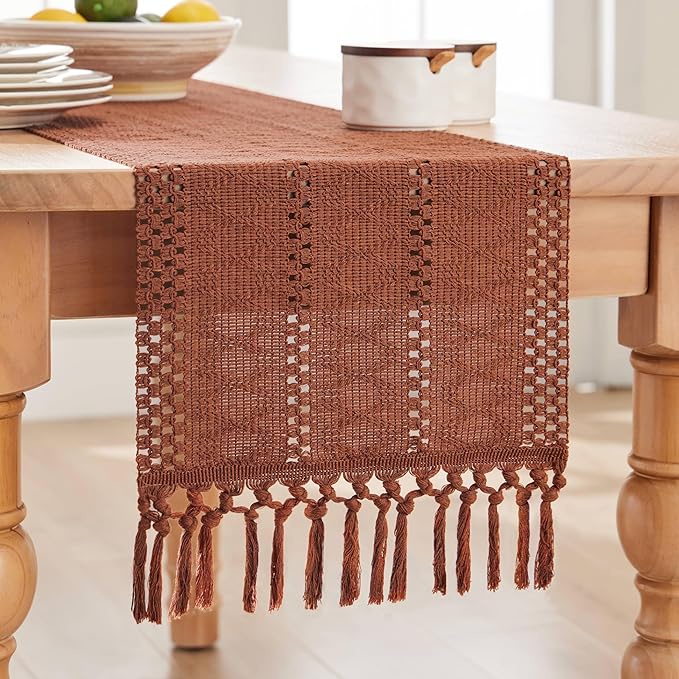 ZeeMart Macrame Style Boho Table Runner, Terracotta Table Runners 72 Inches Long, Farmhouse Woven Home Decor, 12x72 Inch, Terracotta