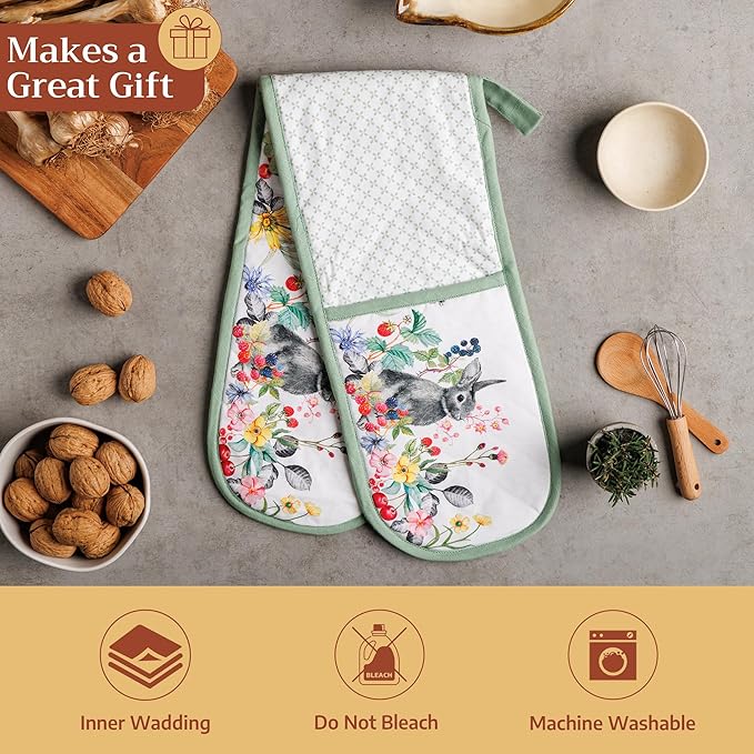 Maison d' Hermine Double Oven Mitts 100% Cotton 7"x35" Double Oven Mitt Heat Resistant BBQ Cooking Gloves with Loop Baking Grilling Gifts for Mothers Day Spring Summer (Printemps)