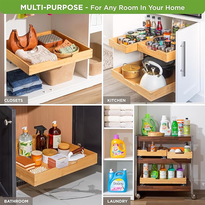 HOLDN’ STORAGE Bamboo Wooden Pull out Cabinet Organizer 22"W x 21"D Requires At Least a 23.25"W x 21"D Cabinet Opening W/Lifetime Limited Warranty, Bamboo Tray and Heavy Gauge Metal Rails