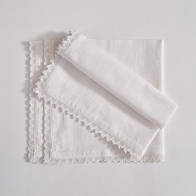 FINGERCRAFT Dinner Cloth Napkin Cotton Linen 4 Pack Vintage Rustic Premium Quality Mitered Corners Napkin Cloth with Elegant Lace for Everyday Use, Pre Shrunk and Good Absorbency 20x20 in White