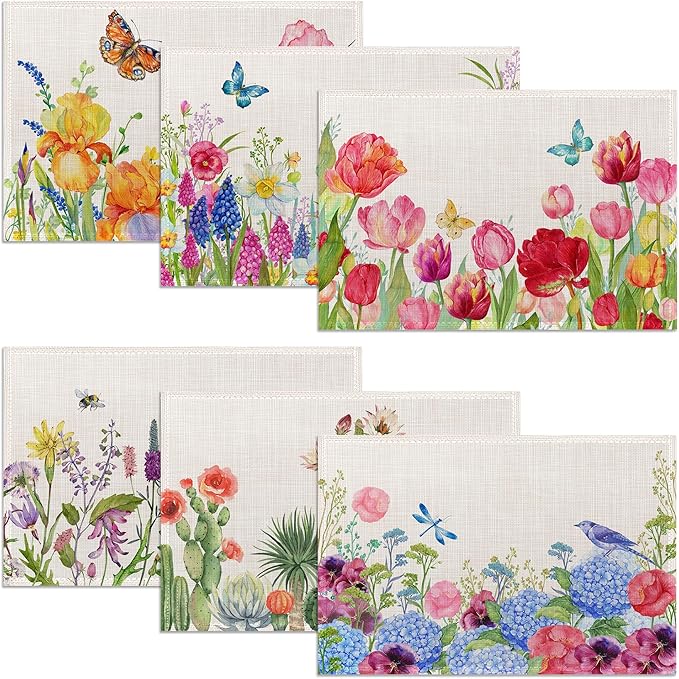 Vintage Floral Botanical Butterfly Placemats Set of 6, 12x18 Inch Waterproof Stain Resistant Linen Table Placemats Summer Seasonal Farmhouse Kitchen Party Decor Home Decor