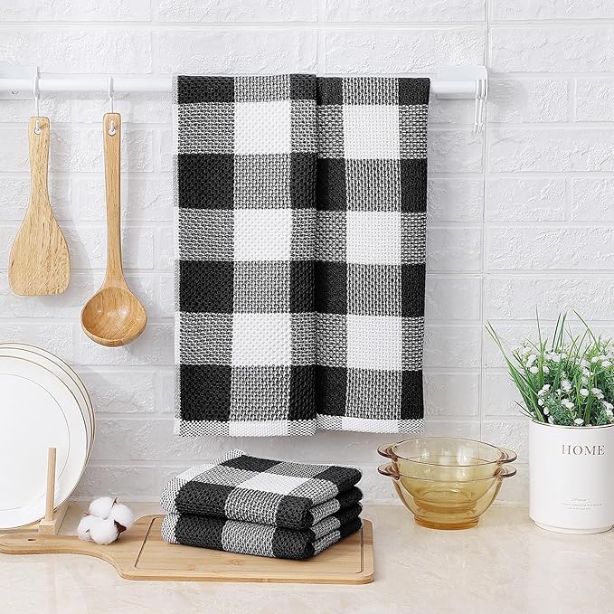 Mordimy 100% Cotton Waffle Weave Kitchen Towels, 13 x 28 Inches, Super Soft and Absorbent Buffalo Check Dish Towels for Drying Dishes, 6-Pack, Black & White