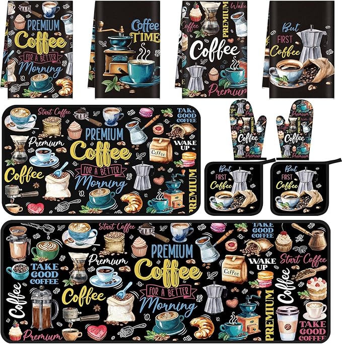 Fourluoo 10 Pcs Coffee Kitchen Decor Set Coffee Kitchen Dish Towels Oven Mitts and Pot Holders Farmhouse Rugs Mats Vintage Black Potholders for Chef Baking Cooking Grilling BBQ Women Accessories Gift