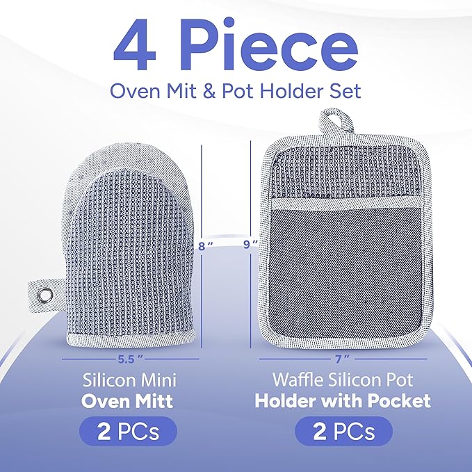 Casa Platino Silicone Oven Mitts & Potholders, 4-Piece – Pot Holders for BBQ & Baking, Oven Mitt for Kitchen & Microwave – Heat Resistant Up to 500°F, Durable & Flexible – Indigo