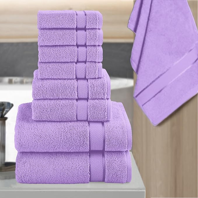 Elegant Comfort Premium Cotton 8-Piece Towel Set, Includes 4 Washcloths, 2 Hand Towels and 2 Bath Towels, 100% Turkish Cotton - Highly Absorbent and Super Soft Towels for Bathroom, Lilac
