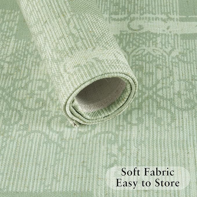 LilyCat Linen Fabric Floral Placemats, Green Stripes Durable Boho Dining Table Mats for Kitchen, Rustic Vintage Washable Place Mats Set of 4, 18’’× 12’’