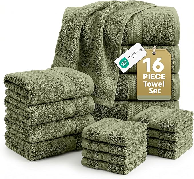 LANE LINEN Luxury Cotton Bath Towel Pack of 16 - Softer, Highly Absorbent & Durable - 4 Bath, 8 Wash cloths, 4 Hand Towels for Bathroom - Premium Look, Spa Quality, Solid Dyed Towels - Oil Green