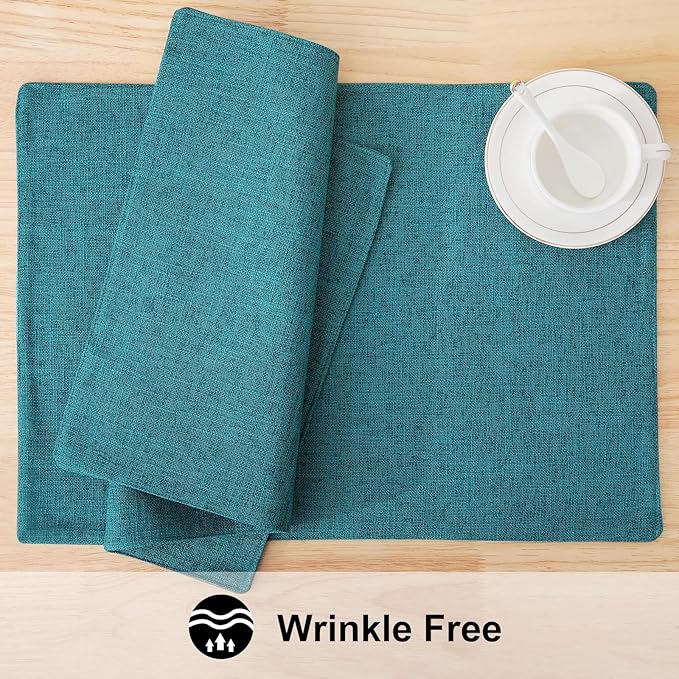 homing Cotton Linen Placemats Set of 6, Cloth Washable Farmhouse Dining Table Mats for Indoors & Outdoors, Easy to Clean, Teal, 13 x 19 Inch