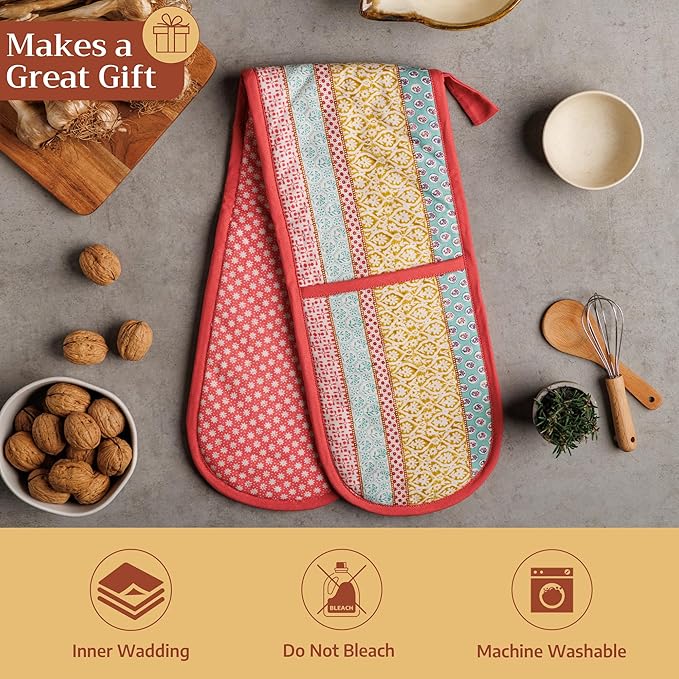 Maison d' Hermine Double Oven Mitts 100% Cotton 7"x35" Double Oven Mitt Heat Resistant BBQ Cooking Gloves with Loop Baking Grilling Gifts for Mothers Day Spring Summer (Provence)