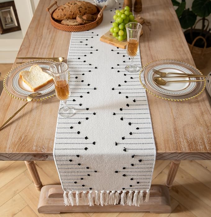 Boho Table Runner 13 x 48 Inch Long Natural Cotton Woven Runner with Tassels for Home Dining Table décor, for Modern Farmhouse Decor Coffee Table Runner, Black and Beige