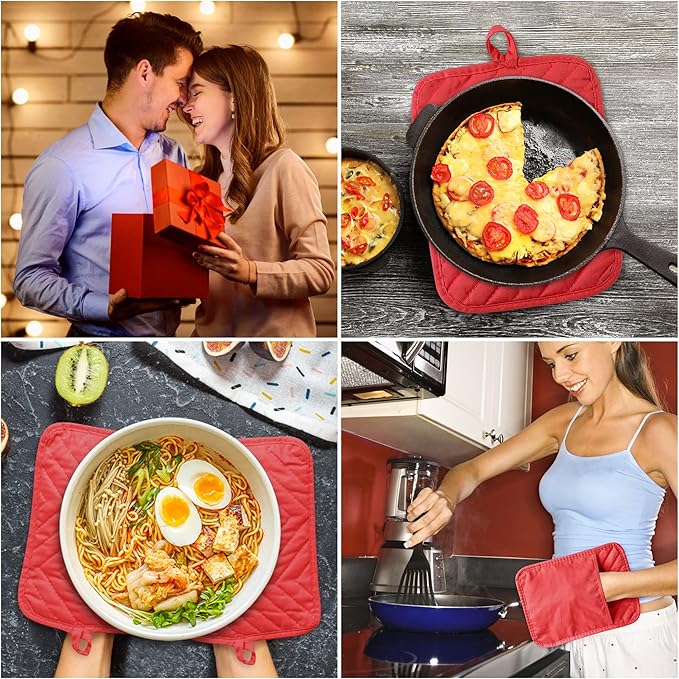 R HORSE 6Pcs Christmas Red Pot Holders with Pocket for Kitchen Cotton Pocket Pot Holder Set Heat Resistant Potholder Terry Coaster Oven Mitts Hot Pads Trivet for Baking Cooking 7''x9''