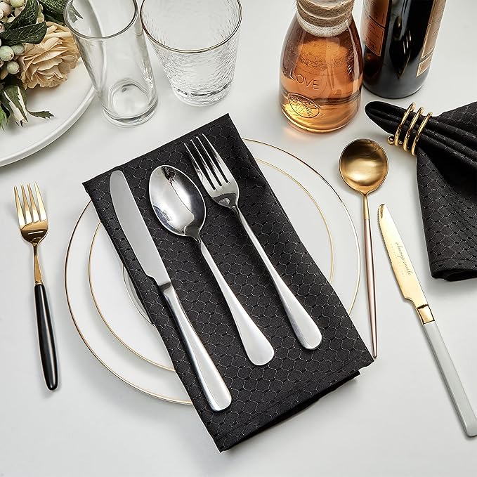 Cloth Napkins Set of 8 – Square 17x17 Inch Jacquard Fabric Polyester Washable Reusable Cloth Napkins for Kitchen Dinner Dining Restaurants Wedding Party Banquet Table (Black)