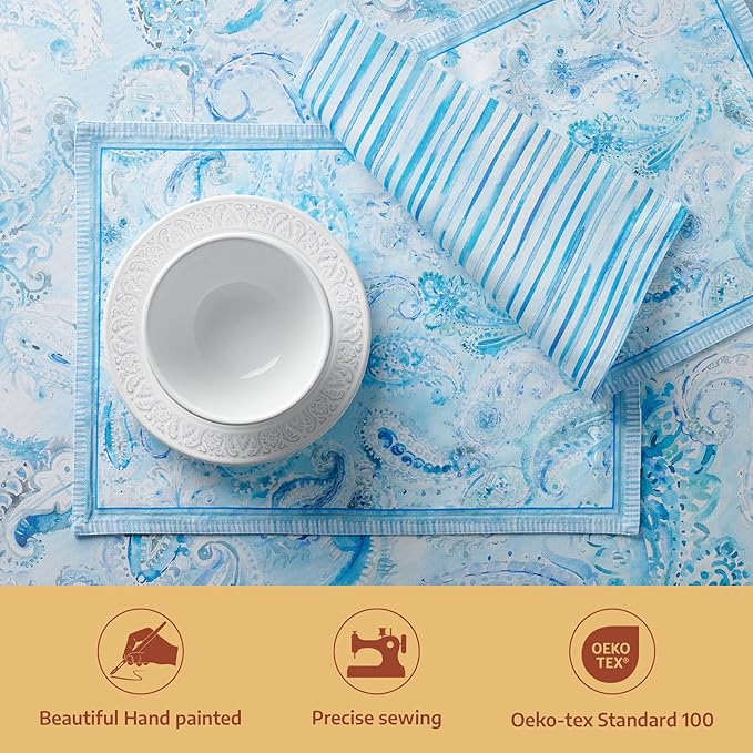Maison d' Hermine Placemat 100% Combed Cotton Premium Set of 4 Decorative Washable Place Mats Table Cloth Placemat, Dining, Kitchen, Parties & Camping - Paisley Blues (13"x19")