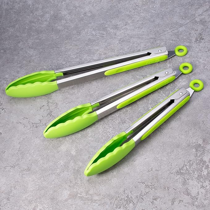 3 Pack Green Kitchen Tongs, Premium Silicone BPA Free Non-Stick Stainless Steel BBQ Cooking Grilling Locking Food Tongs, 9-Inch 10-Inch & 12-Inch