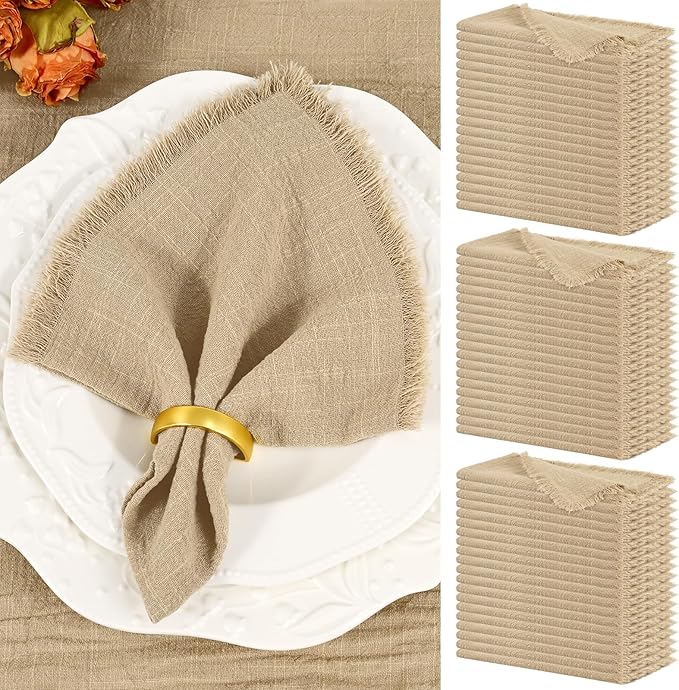 Showgeous 60 Pack Caramel Cloth Napkins with Fringe 16x16 inch 100% Cotton Caramel Napkins Handmade Dinner Napkins Bulk Washable Soft Rustic Table Napkins for Wedding Parties Bridal Baby Shower