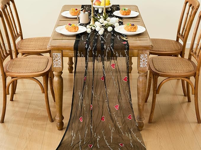 YATOJUZI Black Table Runner Red Heart Embroidery Valentine's Day Decorations Black Tulle Dining Table Runners for Home Kitchen Decor Anniversary Wedding Party
