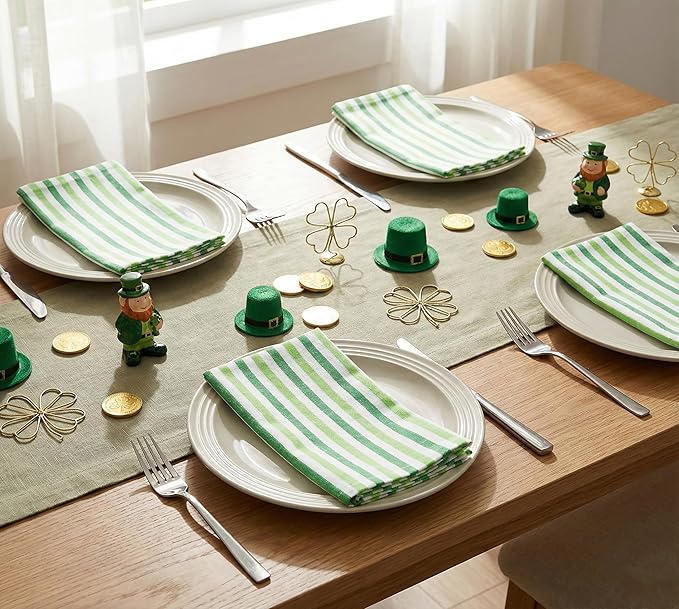PurpleEssences Plain Striped Cloth Napkins - Set of 12-100% Cotton - 18 x 18 Inch -St Patricks Day and Perfect Everyday Use Dinner Napkin - St Patricks Green