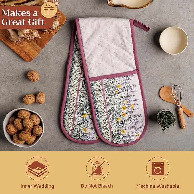 Maison d' Hermine Double Oven Mitts 100% Cotton 7"x35" Double Oven Mitt Heat Resistant BBQ Cooking Gloves with Loop Baking Grilling Gifts for Mothers Day Spring Summer (Fanny Lavender)