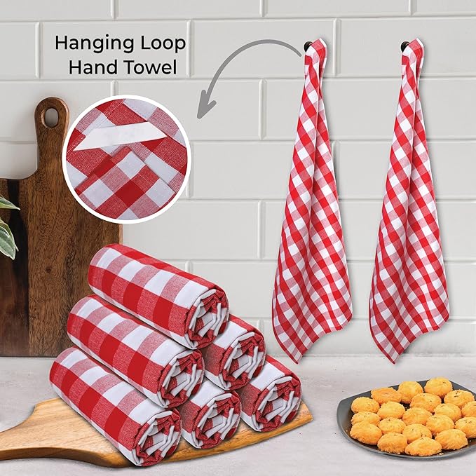 Urban Villa Kitchen Towels 100% Cotton Dish Towels for Kitchen (Set of 6) 20”x30” Dish Cloths Highly Absorbent Kitchen Linen Set with Hanging Loop Perfect for Drying Dishes Cleaning – Red White