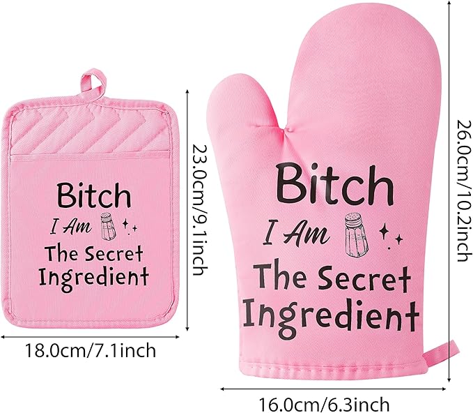 GROBRO7 6Pcs Funny Oven Mitts Pot Holders Baking Gift, I Am The Secret Ingredient Resistant Hot Pad Machine Washable Gloves with Hanging Pocket Potholder for Friend Women Gift for Love Kitchen Cooking