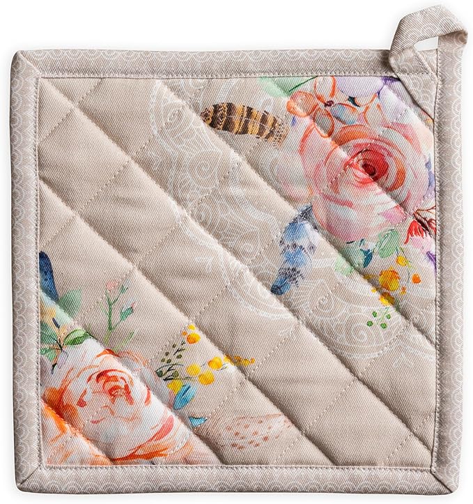 Maison d' Hermine Pot Holders 100% Cotton Heat Resistant Potholders 8" x 8" Hot Pads with Loop BBQ Cooking Baking Gifts for Mothers Day Handling Hot Pans Spring/Summer (Pack of 1, Ibiza - Beige)