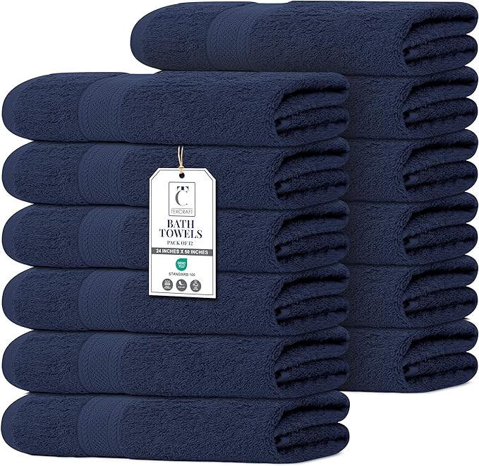 Commercial Bulk Pack of 12 Large Bath Towels – 100% Cotton Terry 24" x 50" – Ideal for Hotels, Salons, Gyms, Spas & Institutional Use – Navy Blue