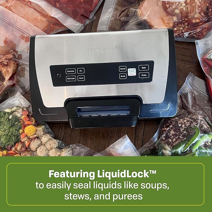 Nesco Premium Vacuum Sealer Kit featuring LiquidLock™, Includes large variety of Bags and Rolls VS-22LB, Built-in Canister Sealing Function