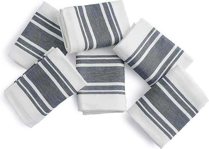 Kitchen Towels Set – Pack of 6 (20’’ x 30’’) Extra Large Premium Cotton Dish Towels for Kitchen – Super Striped Towels – Absorbent – 100% Cotton – with Hanging Loop – Dark Grey