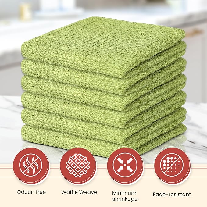 Vintage Vista 100% Cotton Waffle Dish Cloths (Pack of 6) - Dish Rags for Washing Dishes - Reusable & Highly Absorbent Kitchen Towels - Kitchen Rags fo Easter - (12" x 12" - Light Green)