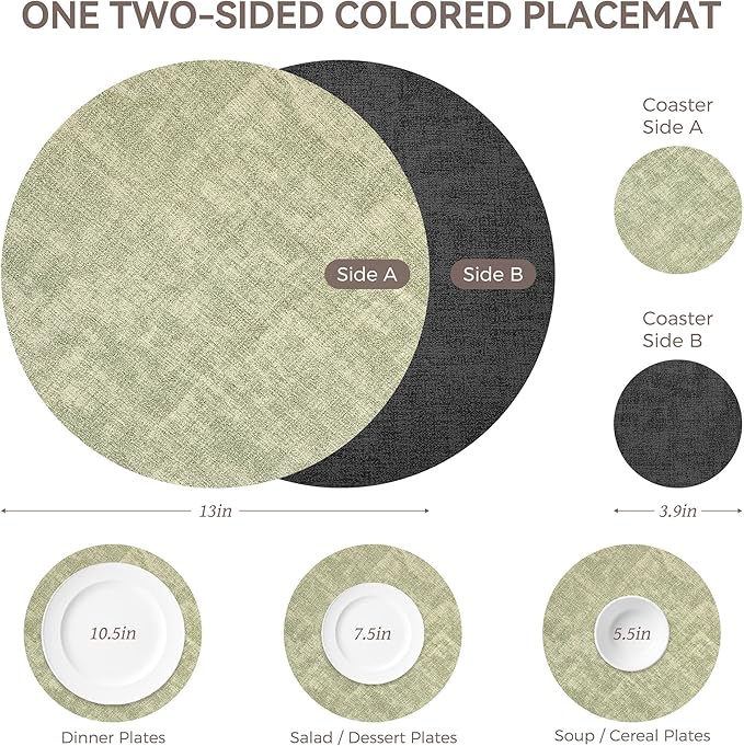 13" Round Placemats Set of 6, NCUE Dual-Sided Faux Leather Heat Resistant Table Mats, Waterproof Oilproof Washable Protective Table Placemats with Coaster, Wipeable Vinyl for Indoor & Outdoor Use
