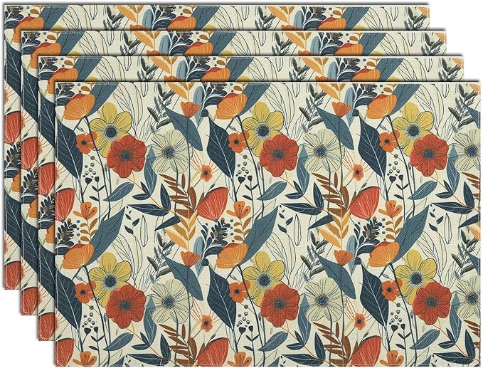 comfoyar Boho Colorful Flower Placemats Set of 4, 12x18 Inch Non-Slip Linen Watercolour Floral Place Mats, Washable Absorbent Rectangular Vintage Table Mats for Kitchen Dining Party Table Decoration