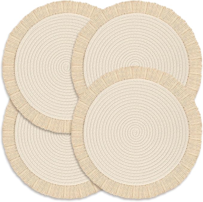 Round Placemats Set of 4 Table Mats 13Inch Washable Cotton Heat Resistant for Dining Table Decor, Farmhouse Thick Rustic Kitchen Placemats Non-Slip Hand Woven Boho Placemats for Thanksgiving Christmas
