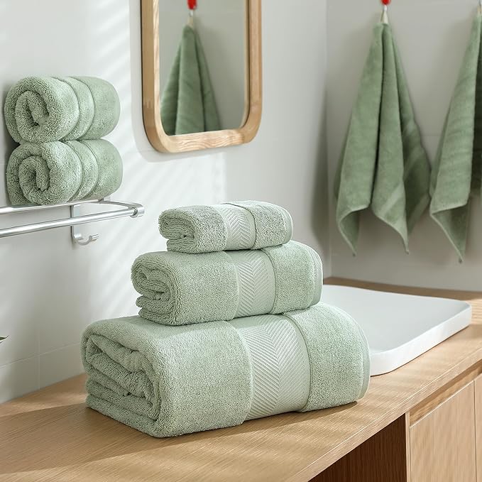 Simple&Opulence Premium 100% Cotton Towel Set 6 Piece，Soft Absorbent Towels for Bathroom,Hotel and Spa,2 Bath Towels 28"x55" 2 Hand Towels 16"x28" & 2 Washcloths 12"x12" (Sage Green)