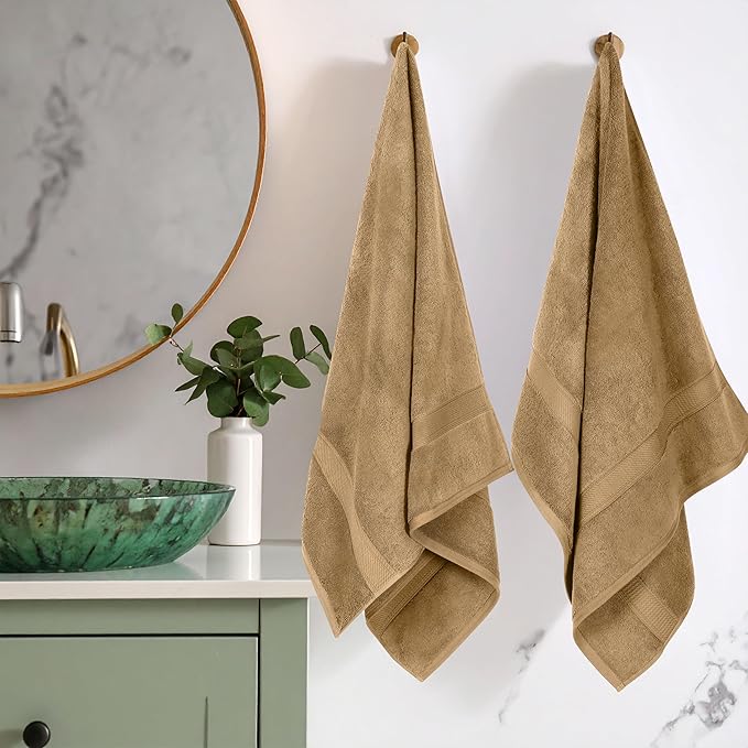 SUPERIOR Egyptian Cotton Pile Bath Towel Set of 2, Ultra Soft Luxury Towels, Thick Plush Essentials, Absorbent Heavyweight, Guest Bath, Hotel, Spa, Home Bathroom, Shower Basics, Toast